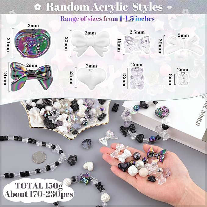 Assorted 170-230PCS Black Acrylic Beads for Bracelet Making, Flower Bow Butterfly Candy GummyBear Aesthetic Bracelet Charms,Cute Beads for Jewelry Making DIY Necklace Keychain Phone Charm-CubbioJoy