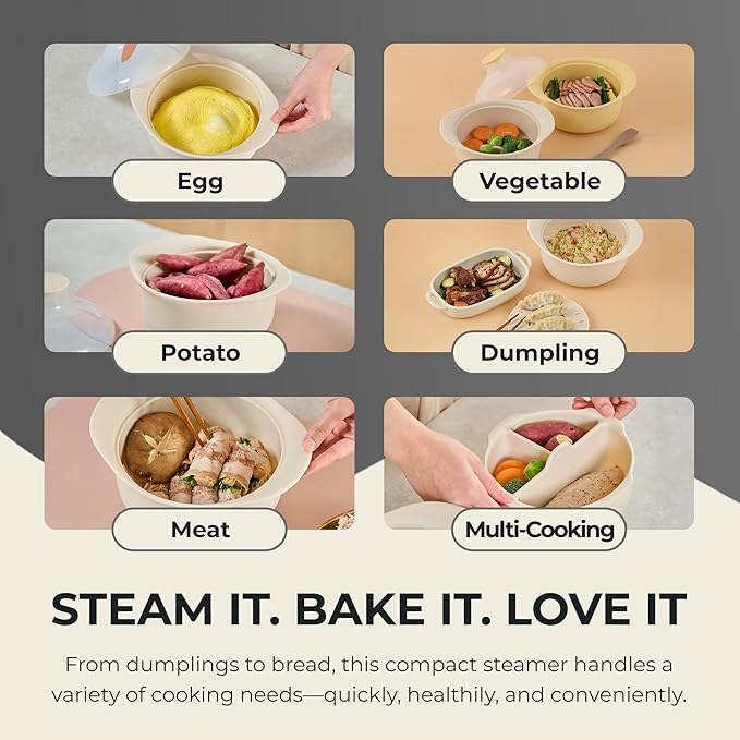 48oz Platinum Silicone 3 Compartmented Microwave Steamer Pot with Handle & Lid - Korea 100% Food-Grade Steamer Bowl, Heat-Resistant Cooker with Steam Holes, Easy Clean, Dishwasher Safe, Ivory-CubbioJoy