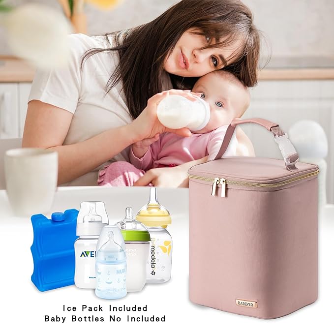 Breast Milk Cooler Bag with Ice Pack Fits 4 Baby Bottles Up to 9 Ounce, Baby Bottle Bag for Nursing Mom Daycare, Pink-CubbioJoy