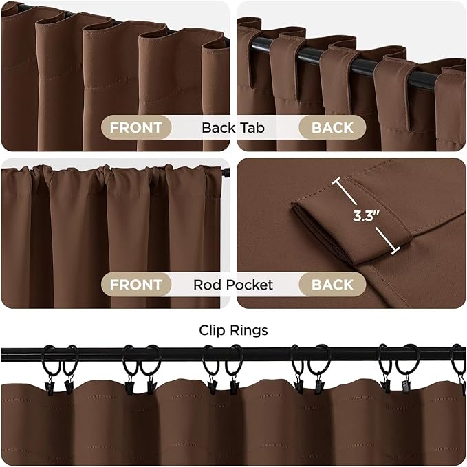 Joydeco 72 Inch Blackout Curtains for Bedroom, Thermal Insulated Black Out Curtains, Room Darkening Drapes for Living Room Window Rod Pocket Back Tab (W52 x L72 Inch, Brown)-CubbioJoy