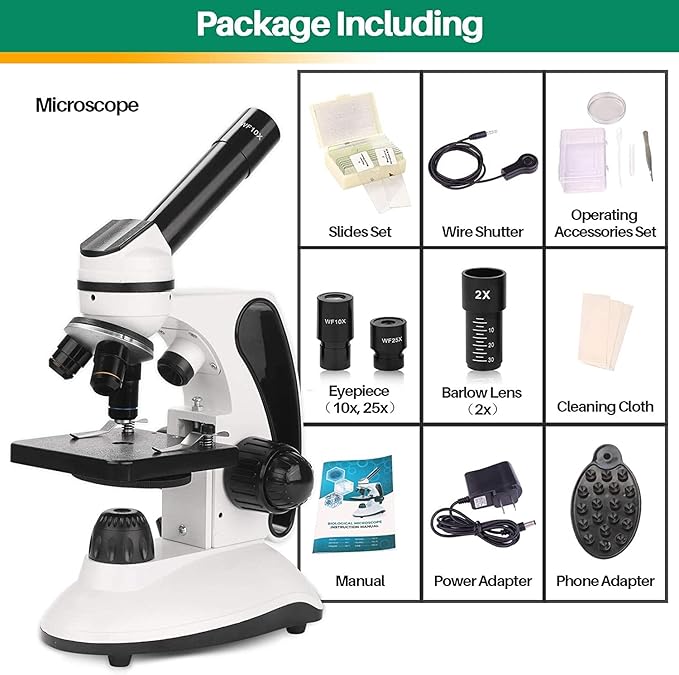 BNISE Microscope kit for Kids Adults Students, 40X-2000X Magnification, Prepared Slides Kit, Dual LED Illumination, All Glass Optics, and Cordless Capability for Children Beginner-CubbioJoy