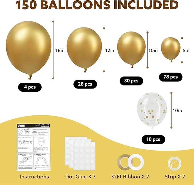 JOYIN 150 Pcs Metallic Gold Balloons, Different Sizes 18 12 10 5 Inch Gold Latex Balloon Arch Kit with Instruction for Birthday Decoration Party Graduation Wedding Holiday-CubbioJoy