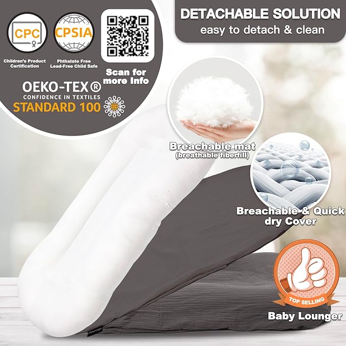 Baby Lounger - Snuggle Cozy Me Infant Lounger for Newborns | Breathable & Soft, Portable Awake-Time Pad, Essential Baby Gift- Grey (Lounger Cover Included)-CubbioJoy