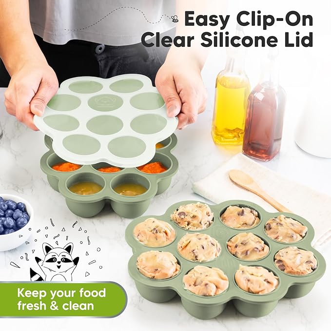 KeaBabies Silicone Food Freezer Trays with Lid, 2oz x 10 Pods Baby Food Storage Containers, Easy Puree Meal Prep, Breast Milk Silicone Freezer Molds, Dishwasher, Microwave Safe, BPA-Free (Sage)-CubbioJoy