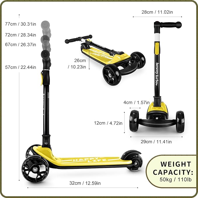 Besrey Kick Scooter for Kids Ages 3-10, 3-Wheel Folding Scooter with Adjustable Height, LED Light Wheels, Extra Wide Deck for Outdoor Activities-CubbioJoy
