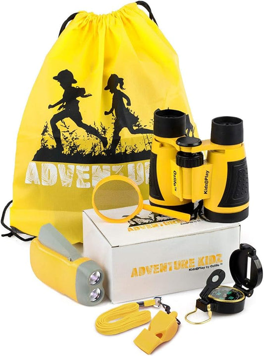 Adventure Kidz Outdoor Exploration Kit, Children’s Binoculars, Flashlight, Compass, Fox Whistle, Magnifying Glass, Backpack. Great Gift Set for STEM, Pretend Play, Ages 3+ Boys Girls-CubbioJoy