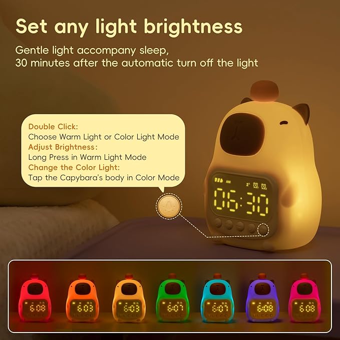 Capybara Alarm Clock with Night Light for Kids, Cute Toddler Alarm Clocks for Bedrooms Ok to Wake Clocks for Girls and Boys, Silicone Animal Tabletop Lamp for Kid, RGB Color-CubbioJoy