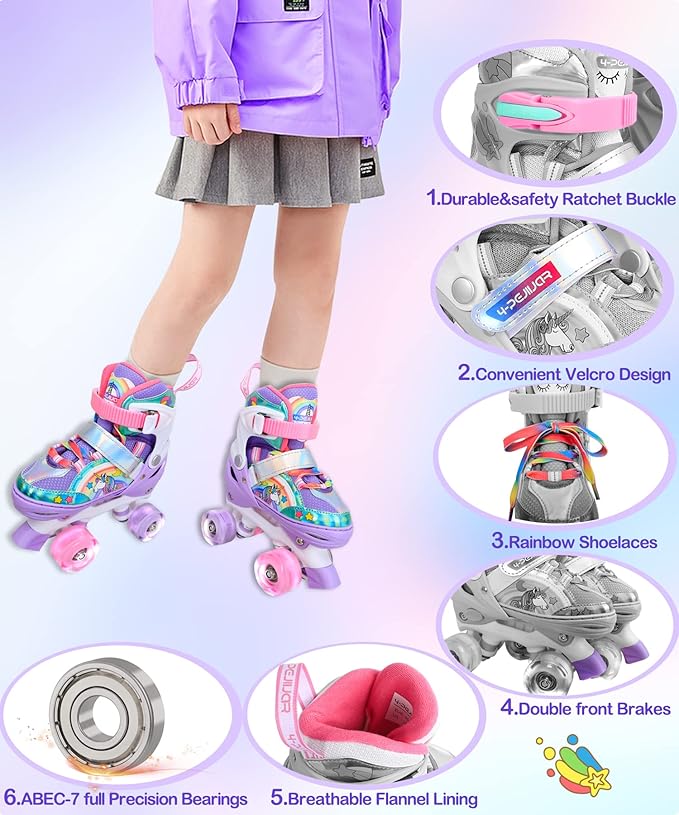 4-Pejiijar Rainbow Unicorn Kids Roller Skates for Girls Toddler Ages 2-4 5-8 8-12,Adjustable Roller Shoes with Luminous Wheels for Birthday Xmas Gifts-CubbioJoy