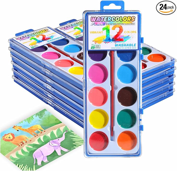 24 Packs Watercolor Paint Set Bulk, 12 Vibrant Colors Washable Watercolors with Brushes for Kids, Art Activities Painting Supplies for School Classroom Home-CubbioJoy