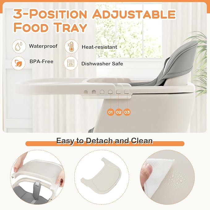 BABY JOY Convertible Baby High Chair, 3 in 1 Wooden Highchair/Booster/Chair with Removable Tray, Adjustable Legs, 5-Point Harness, PU Cushion and Footrest for Baby, Infants, Toddlers (Gray)-CubbioJoy