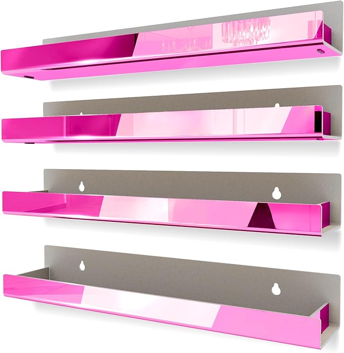 4 Pack 15 Inch Pink Reflective Acrylic Shelves, Pink Floating Shelves, Modern Sunglasses Essential Oil Picture Ledge Display Toy Storage Shelf-CubbioJoy