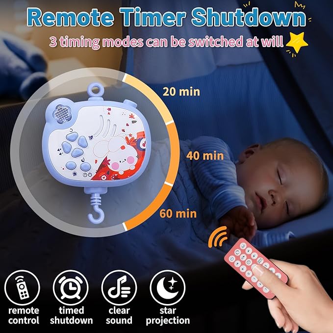 Baby Mobiles for Cribs, Crib Mobile with Music and Lights, Nursery Musical Mobile for Bassinets Hanging Toys with Remote Control, Rotation, Projection, Animal Mobile Arm Clip On for Infant Boys Girls-CubbioJoy
