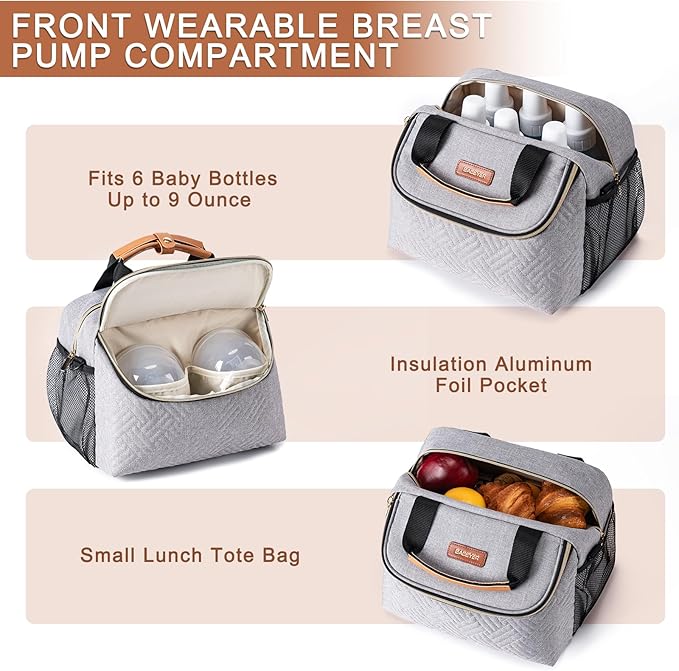 Breastmilk Cooler Bag with Ice Pack Fits 6 Baby Bottles up to 9 Ounce, Wearable Breast Pumps Cooler Bag for Nursing Mom Daycare, Work, Travel- Grey-CubbioJoy