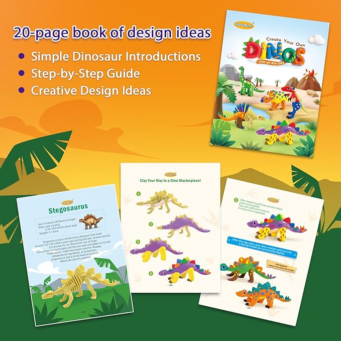 Drama Planet Dinosaur Air Dry Clay Kit – Create 5 Dinosaur Models with 12 Colors of Modeling Clay, Instruction Guide – Fun & Educational Craft Set for Kids-CubbioJoy