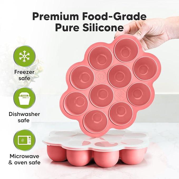 KeaBabies Silicone Food Freezer Trays with Lid, 2oz x 10 Pods Baby Food Storage Containers, Easy Puree Meal Prep, Breast Milk Silicone Freezer Molds, Dishwasher,Microwave Safe,BPA-Free(Blossom)-CubbioJoy