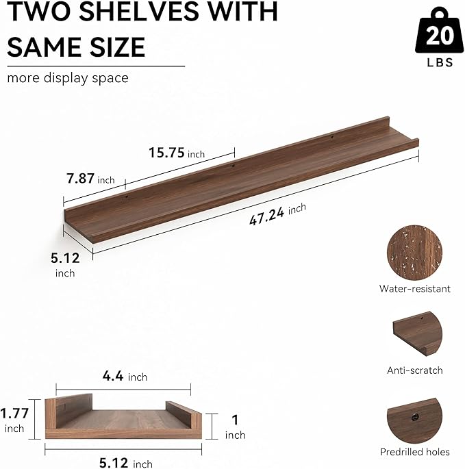 47.2 Inches Long Floating Shelves, 2 Set Farmhouse Wall Shelf for Bedroom, Nursery Book Shelf with Lip, Picture Ledge Shelf for Living Room, Bathroom, Kitchen - Walnut-CubbioJoy