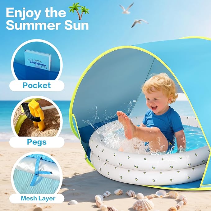 Baby Beach Tent Canopy: with Inflatable Kiddie Swimming Pool Toys - UPF50+ UV Protection Pop Up Sun Shelter Tent & Small Pool - Beach Essentials for Infant Toddlers-CubbioJoy
