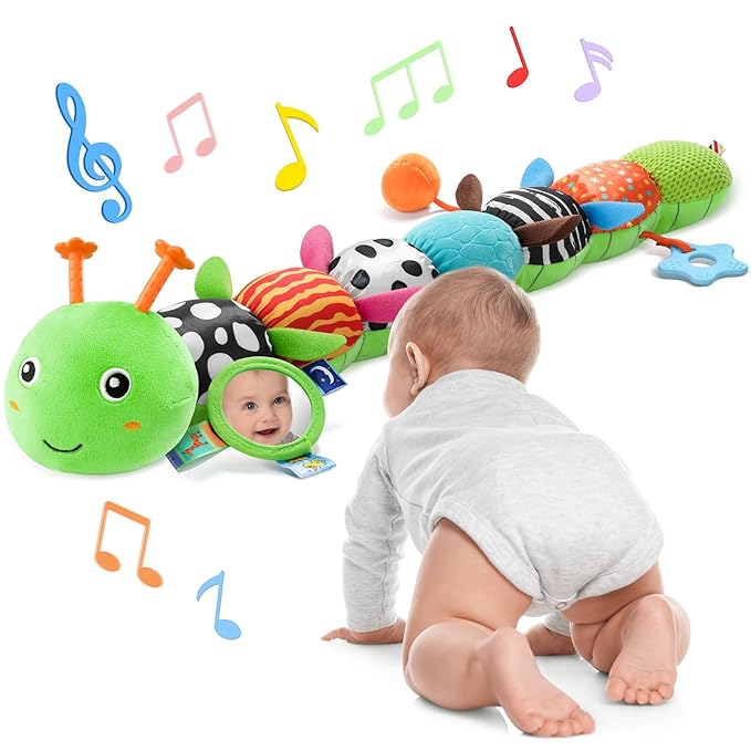 Baby Toys 6-12 Months Music Caterpillar Infant Toys Stuffed Animals 0-3-6 Months Tummy Time Teething Sensory Toys with Mirror Rattle&Pull String for Boys Girls Birthday Gifts|Grass Green,Leafy-CubbioJoy