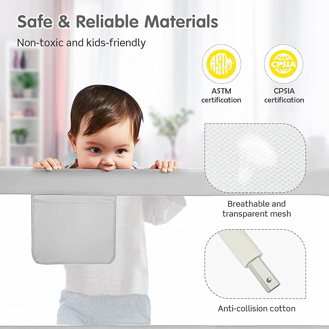 BABY JOY Bed Rail for Toddlers, 69’’ Extra Long, Height Adjustable & Foldable Baby Bed Rail Guard w/Storage Pocket & Double Safety Child Lock for Kids Twin Double Full Size Queen King Mattress (Gray)-CubbioJoy