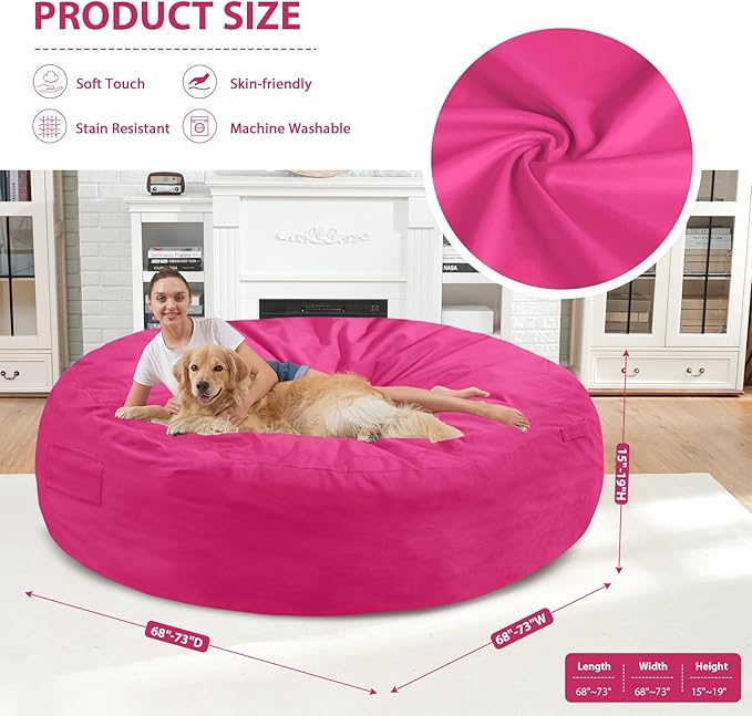 7FT Bean Bag Chair, Large Bean Bag Chairs with Memory Foam Filled, Fluffy Beanbag Sofa with Dutch Velvet Cover, Round BeanBag Chairs for Living Room, Playroom - Pink-CubbioJoy
