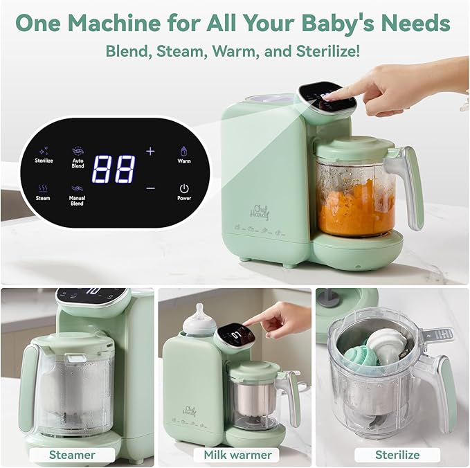 Baby Food Maker, 5 in 1 Baby Food Processor with Steaming Basket, Auto Cooking & Grinding, Touch Screen Control, Baby Steamer and Blender, Baby Food Puree Maker Warmer Mills Machine (Green)-CubbioJoy