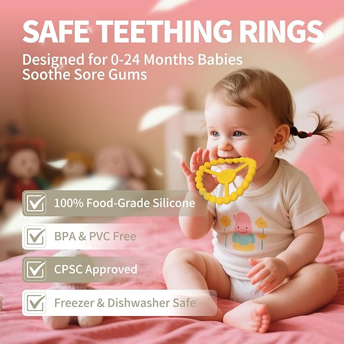 3 Pack Baby Teething Toys 3-6 Months, Silicone Ring Teethers for Babies 6-12 Months, Freezer Safe Chew Toy with Textured Grip for Boys Girls Teething Relief, Infant Easter Gift (Lavender Yellow Red)-CubbioJoy