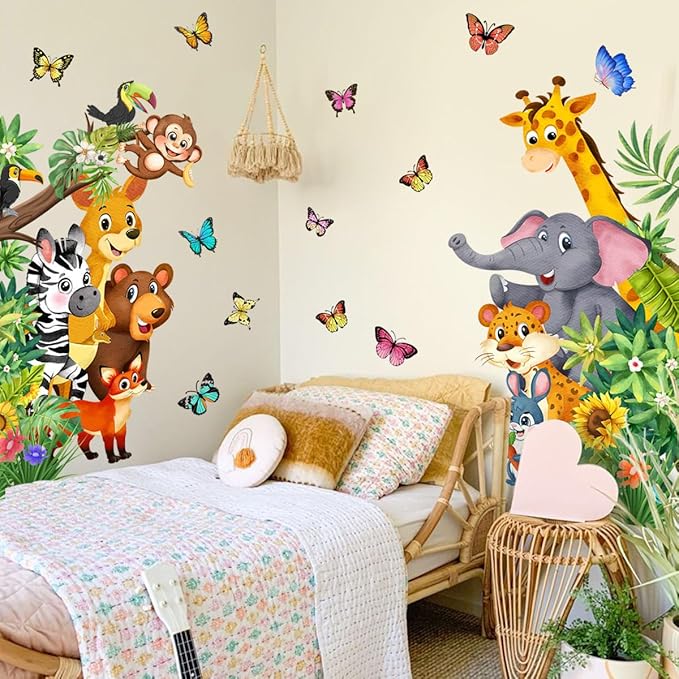 Jungle Animal Wall Decals, Cartoon Animal Sticker Safari Elephant Lion Monkey Wall Decals for Baby Room Playroom Bedroom Classroom Kindergarten Decor-CubbioJoy