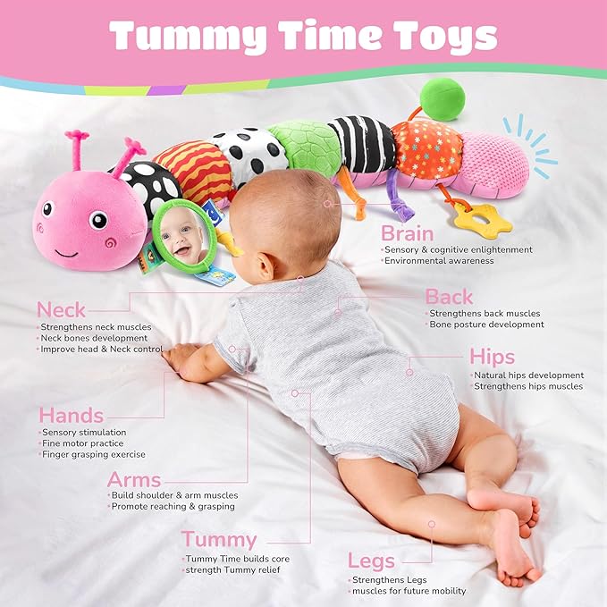 Baby Toys 6-12 Months Music Caterpillar Infant Toys Stuffed Animals 0-3-6 Months Teething Tummy Time Sensory Toys with Mirror Rattle&Pull String for Boys Girls Birthday Gifts|Pink,Knot Limb-CubbioJoy