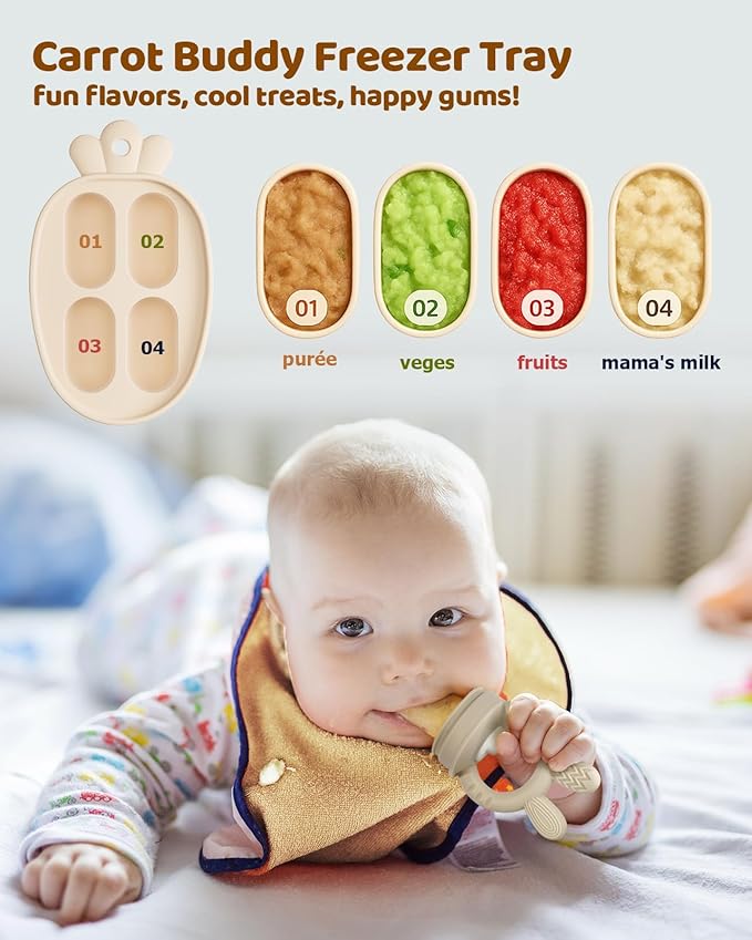 2 Packs Baby Fruit Feeder & Freezer Nibble Tray Combo, Push Pop Baby Food Feeder to Safely Introduce New Foods, Fresh & Frozen Food Silicone Feeder, 100% Food Grade, BPA Free (Caramel & Pink)-CubbioJoy