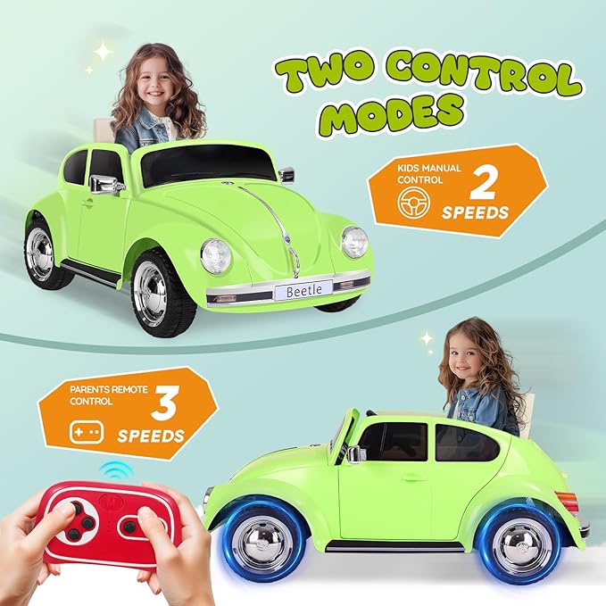 12V Kids Electric Car, Power Wheels with Remote Control, Ride on Car Toys with LED Light, 3 Speeds, Music, Green-CubbioJoy