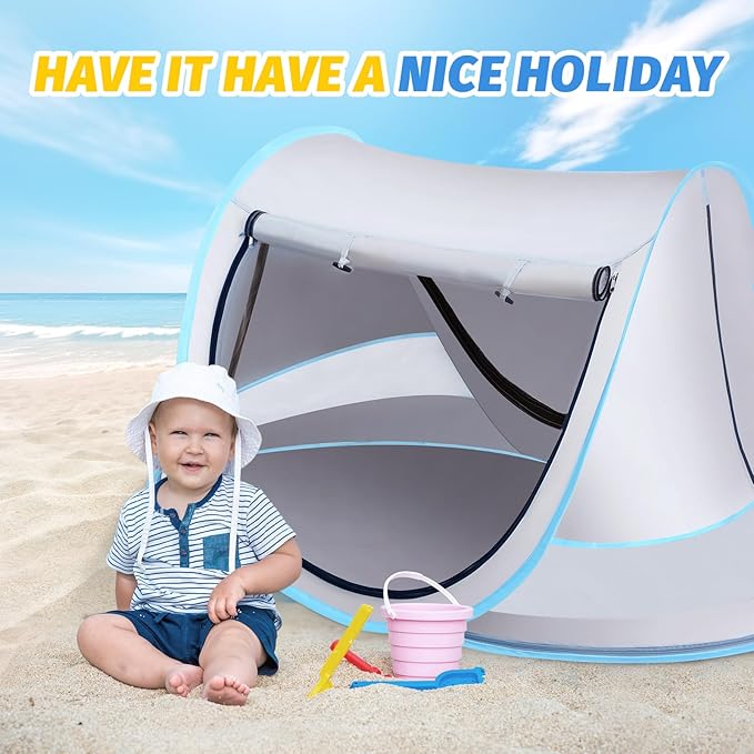 Baby Beach Tent with Baby Hat, Pop Up Toddler Travel Bed with Sun Hat for Boys or Girls, Sun Shade for Toddler Camping, Infant Portable Sun Shade, Summer Beach Baby-CubbioJoy