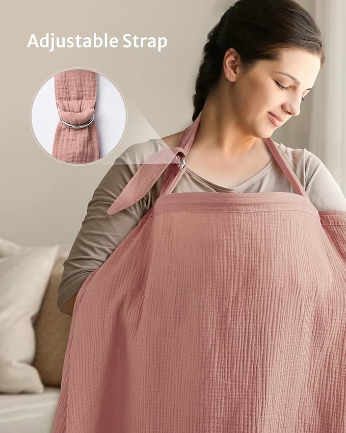 Blissful Diary Muslin Nursing Cover for Breastfeeding, Breathable Breastfeeding Cover up with Arch Neckline for Women, Nursing Apron (Dusty Pink)-CubbioJoy