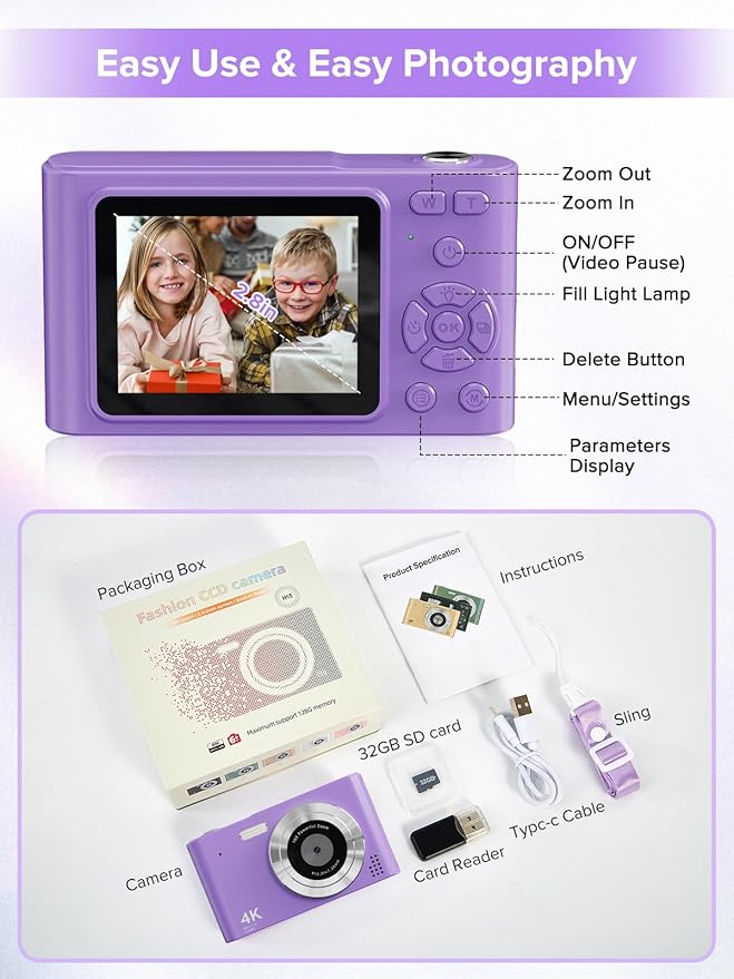 Digital Camera, Kids Camera1080P, Vlog Camera with 64GB Card, 16X Zoom Anti Shake, Card Reader, 44MP Compact Portable Small Point Shoot Digicam Gift for Kid Student Children Teen Girl Boy(Pruple)-CubbioJoy