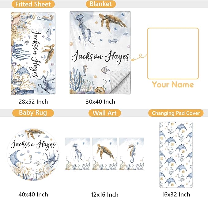Custom Crib Bedding Set - 5 Pcs Customized Baby Crib Set with Name - Soft Double Layer Marine Animals Nursery Baby Bedding Set for Girls Boys - Personalized for Infant Toddler-CubbioJoy