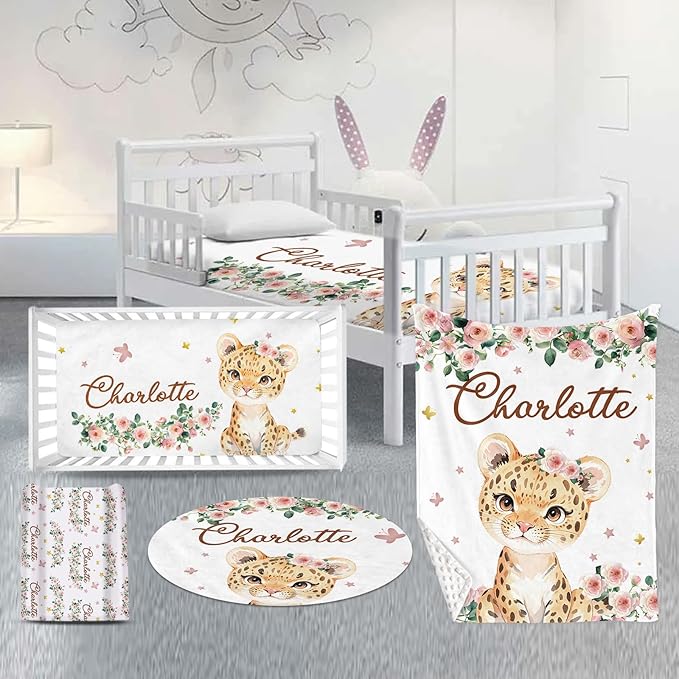 Custom Nursery Crib Bedding Set: Personalized Name 4 Piece Floral Leopard Design Baby Crib Sets for Girls - Toddler Double Layer Blanket Set, Comfortable Crib Bed Sheets for Baby Toddlers-CubbioJoy
