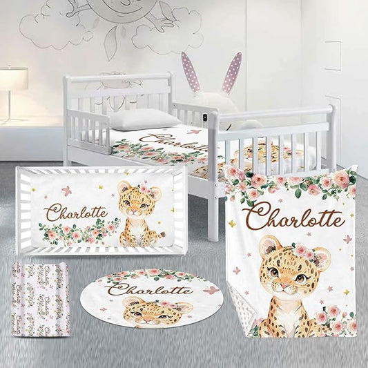 Custom Nursery Crib Bedding Set: Personalized Name 4 Piece Floral Leopard Design Baby Crib Sets for Girls - Toddler Double Layer Blanket Set, Comfortable Crib Bed Sheets for Baby Toddlers-CubbioJoy