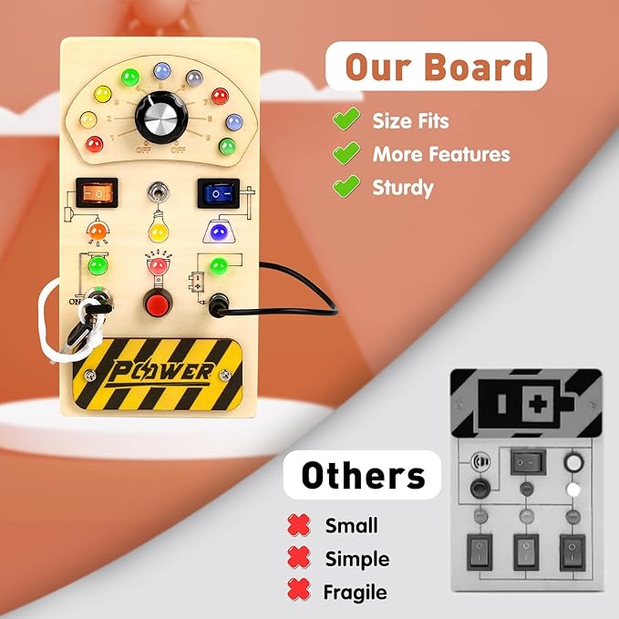 Joyreal Toddler Busy Board, Wooden Montessori Busy Board Sensory Board with LED Light Switch, Sensory Toys Baby Fidget Board Travel Toys for Toddler-CubbioJoy