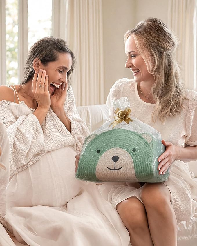 Blissful Diary Baby Diaper Caddy Organizer, Cotton Rope Diaper Caddy Basket, Large Storage Basket, Gift for Baby Shower, Newborn Essentials, Bear Roman Green-CubbioJoy