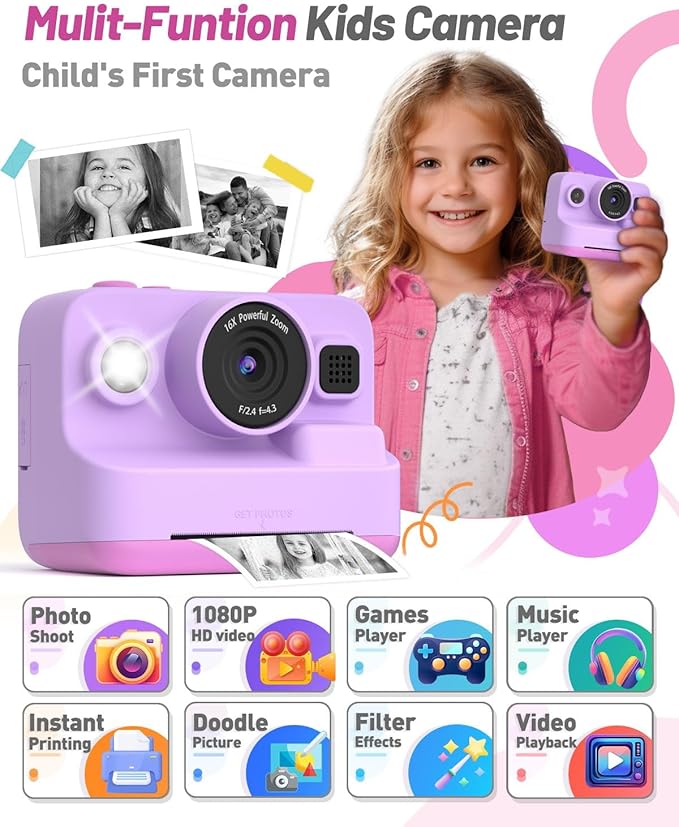 Instant Print Camera for Kids, Christmas Birthday Gifts for 3-12 Year Old Girls Boys, 2.4in Screen 1080P Video Digital Camera Toys for Kids Age 4 5 6 7 8 9 10 with 3 Rolls Print Paper 32G Card-CubbioJoy