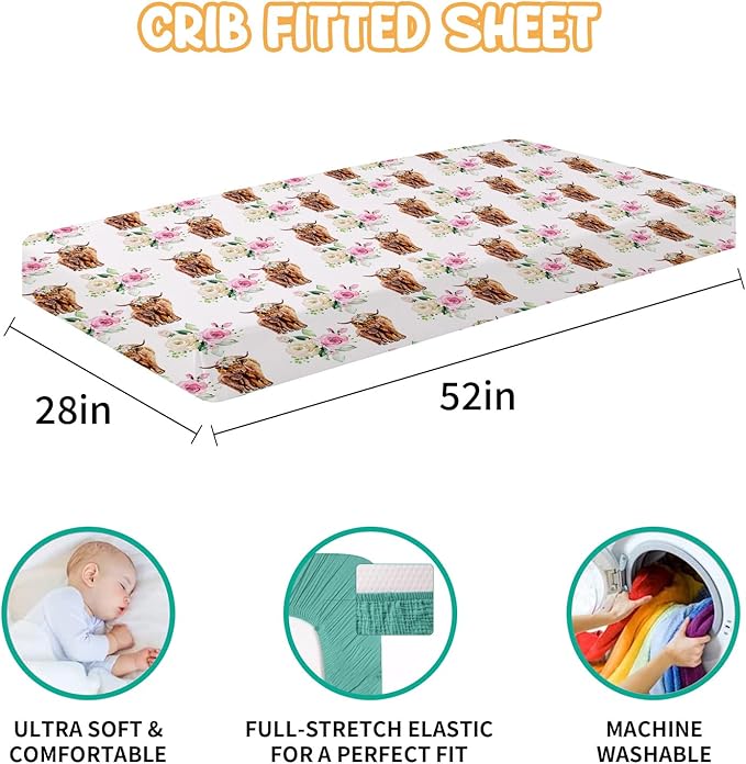 Baby Crib Bedding Set - Highland Cow Design Nursery Bed 3 Pcs Set - Chic Soft Blanket with Dotted Backing, Sheet, Pillowcase for Newborns Girls Boys Gifts Color01-CubbioJoy