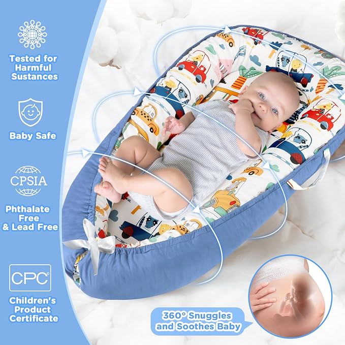 Baby Lounger - Baby Lounger for Newborn 0-24 Months, Breathable and Soft Cotton Cover Baby Nest, Portable Cozy Tummy Time Lounger for Home and Travel, Ideal Baby Essentials & Shower Gifts-CubbioJoy