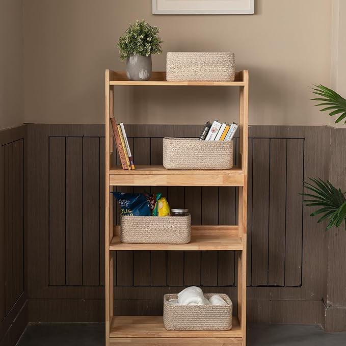 4 Pack Small Storage Shelf Baskets for Organizing, Mini Woven Rope Storage Bins for Towels, Cute Decorative Closet Organizer，Baby Nursery, Gift Empty Baskets -13''Lx8.66''Wx5.11''H-Brown-CubbioJoy