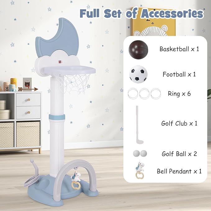 Costzon Kids Basketball Hoop with Electronic Scoreboard Cheer Sound, 4 in 1 Height Adjustable Toddler Basketball Hoop with Soccer, Golf, Ring Toss Game for Indoor Outdoor, Gift(Light Blue Moon)-CubbioJoy