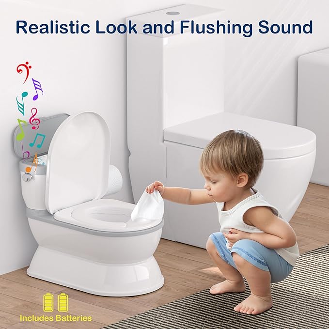 2-in-1 Toddler Potty Training Toilet - Larger Potty Chair & Detachable Training Seat for Boys & Girls Ages 1-3 with Flushing Sound, Wipes Storage, Toilet Paper Holder - Grey-CubbioJoy