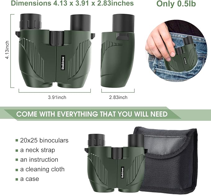 20X25 Compact Binoculars for Adults and Kids,Large Eyepiece Waterproof Binocular，Easy Focus Small Binoculars for Bird Watching,Hiking and Concert, Green-CubbioJoy