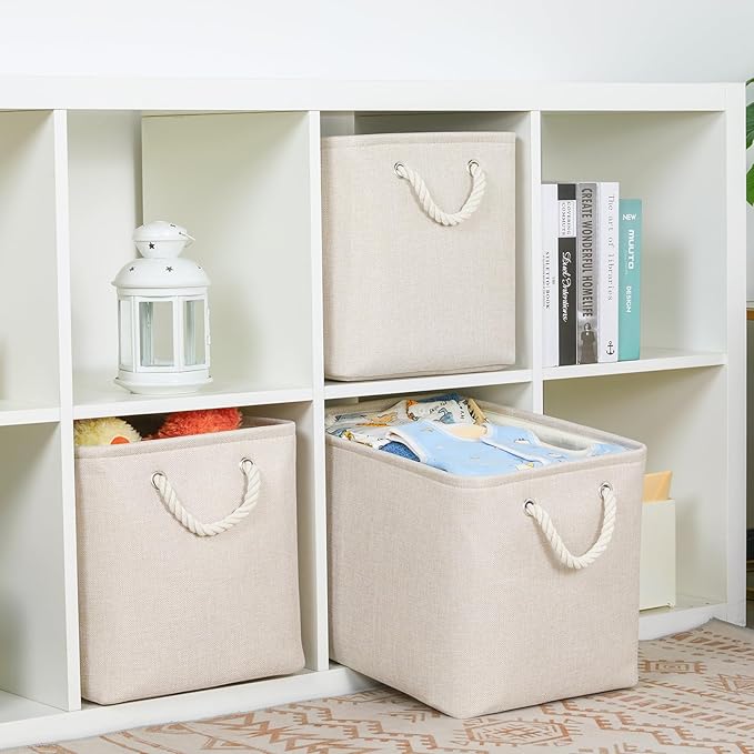 Bidtakay Large Storage Baskets for Shelves 3 Pack Fabric Storage Bins for Organizing Linen Collapsible Organizer for Closet-Light Biege-CubbioJoy