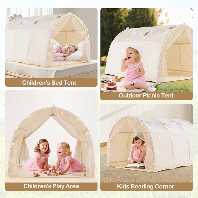 INFANS Kids Bed Tent with Glow in The Dark, Portable Children Playhouse Privacy Space Twin with Mat Star Light Double Net Curtain, Indoor Outdoor Princess Tents Castle for Boys Girls-CubbioJoy