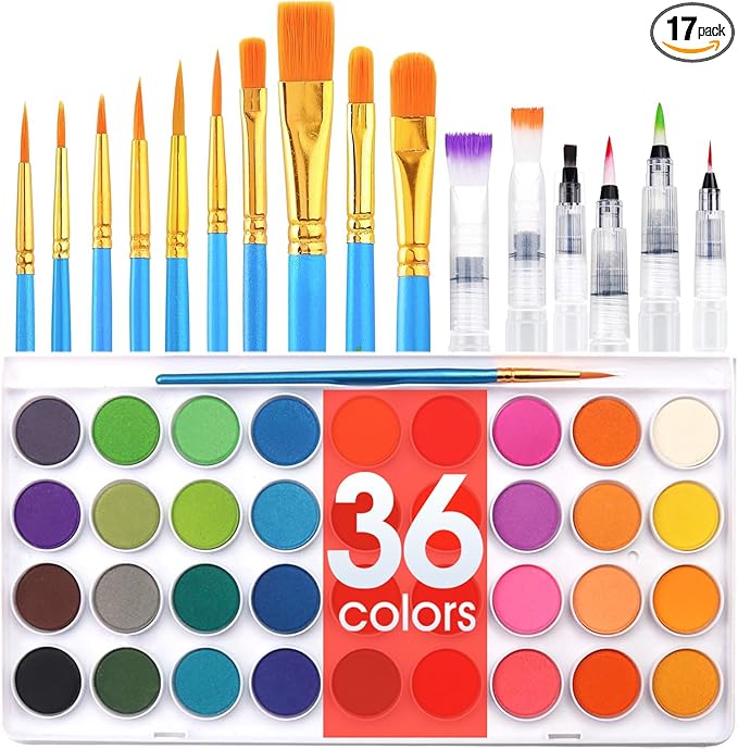 AROIC 36 Colors Watercolor Paint Set, Watercolor Pan Set with 10 Nylon Brushes and 6 Refillable Water Brushes. Perfect for Adults, Children and Beginner Artists.-CubbioJoy