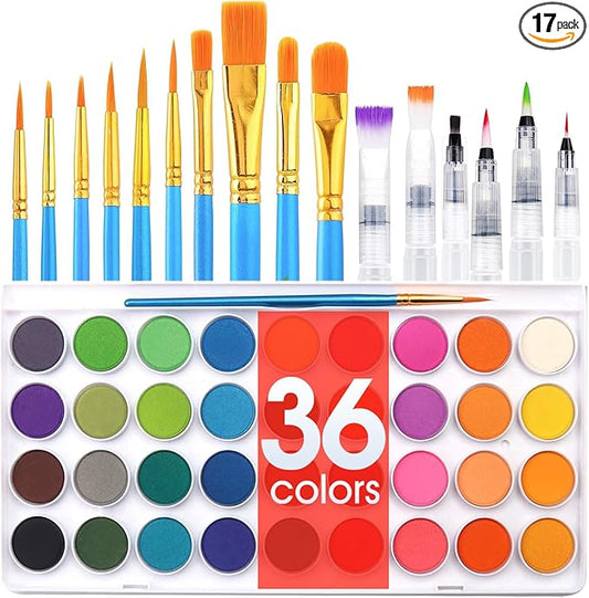 AROIC 36 Colors Watercolor Paint Set, Watercolor Pan Set with 10 Nylon Brushes and 6 Refillable Water Brushes. Perfect for Adults, Children and Beginner Artists.-CubbioJoy