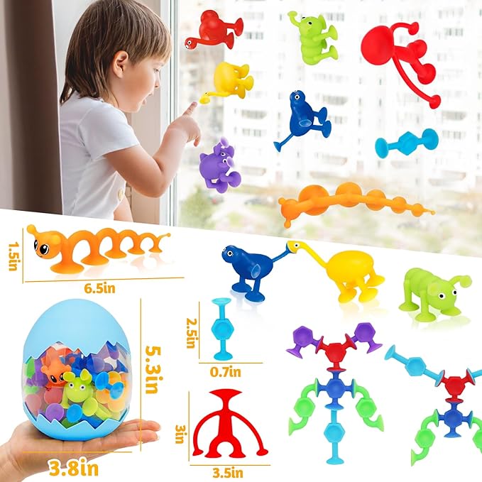 32 PCS Toddler Suction Cup Toys Kids Bath Toy 1-3 3-5 Party Favor Goody Prize Filler Stuffer Gifts for 2+ 3 4 5 6 Year Old Boy Girl Travel Sensory Fidget Window Water Table Toy with Eggshell Storage-CubbioJoy